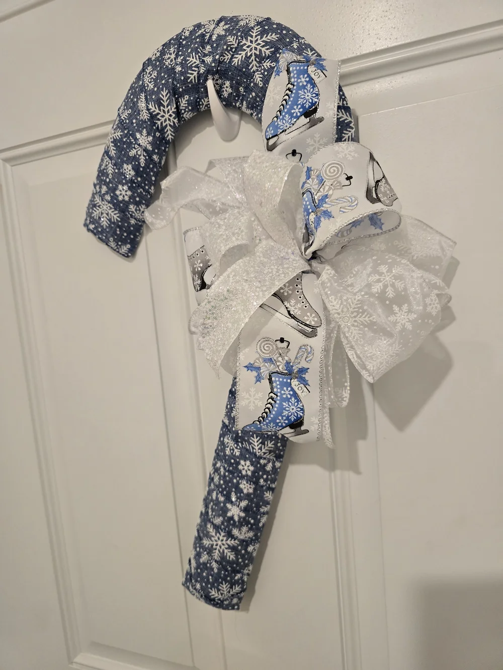 Blue Snowflake Candy Cane Door Hanger with White Glitter Bow Wintee